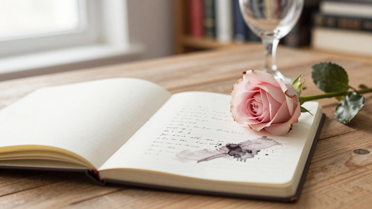 A handwritten note and rose beside an open journal on a wooden table in Paris.