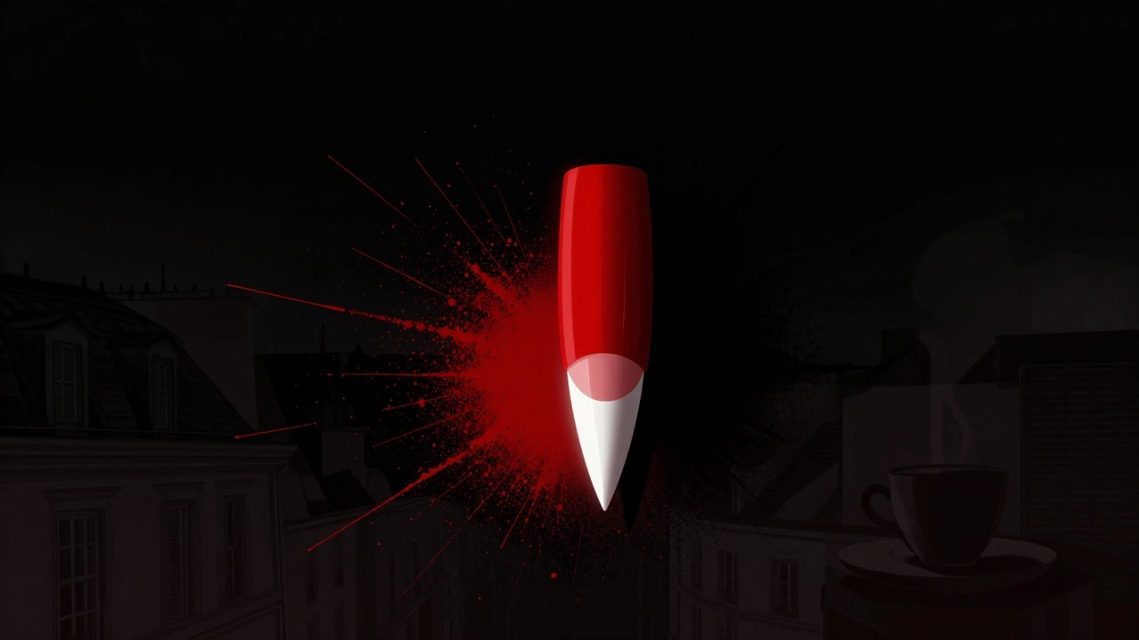 Close-up of a single red nail with white tip, spray-paint splatter, cinematic noir lighting