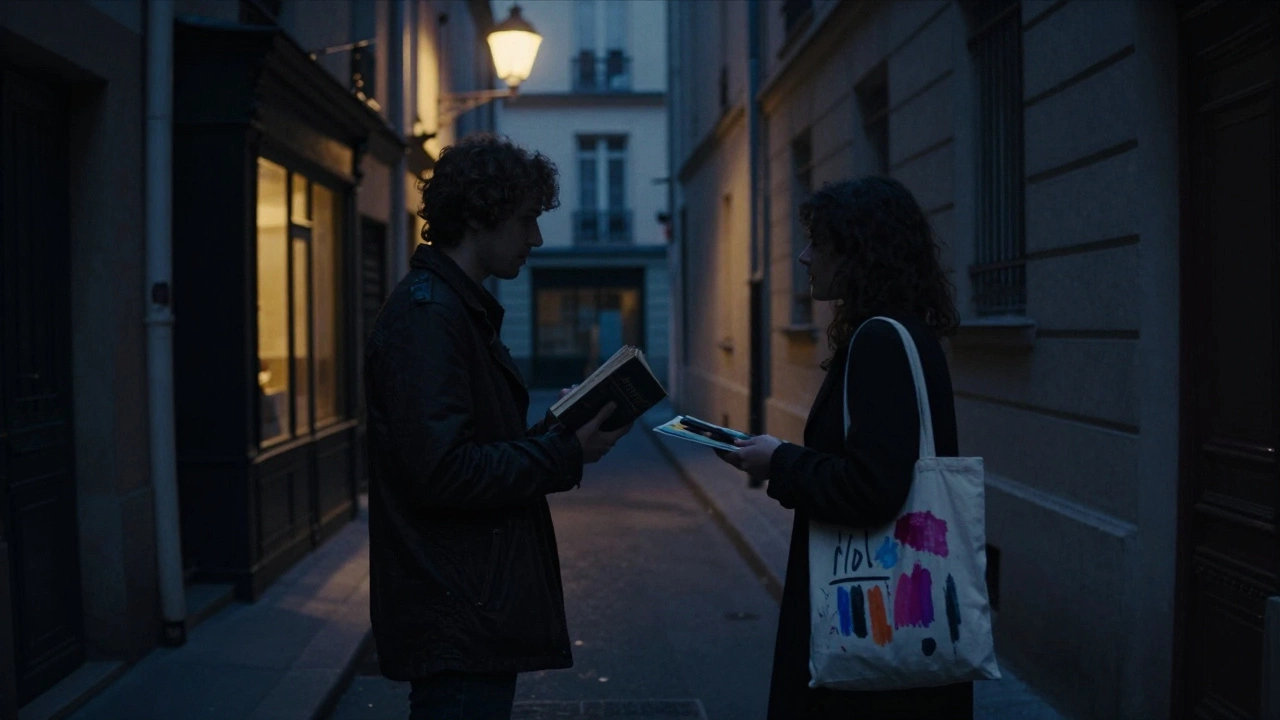 Two figures exchanging a subtle nod in a dim Parisian alley at twilight.
