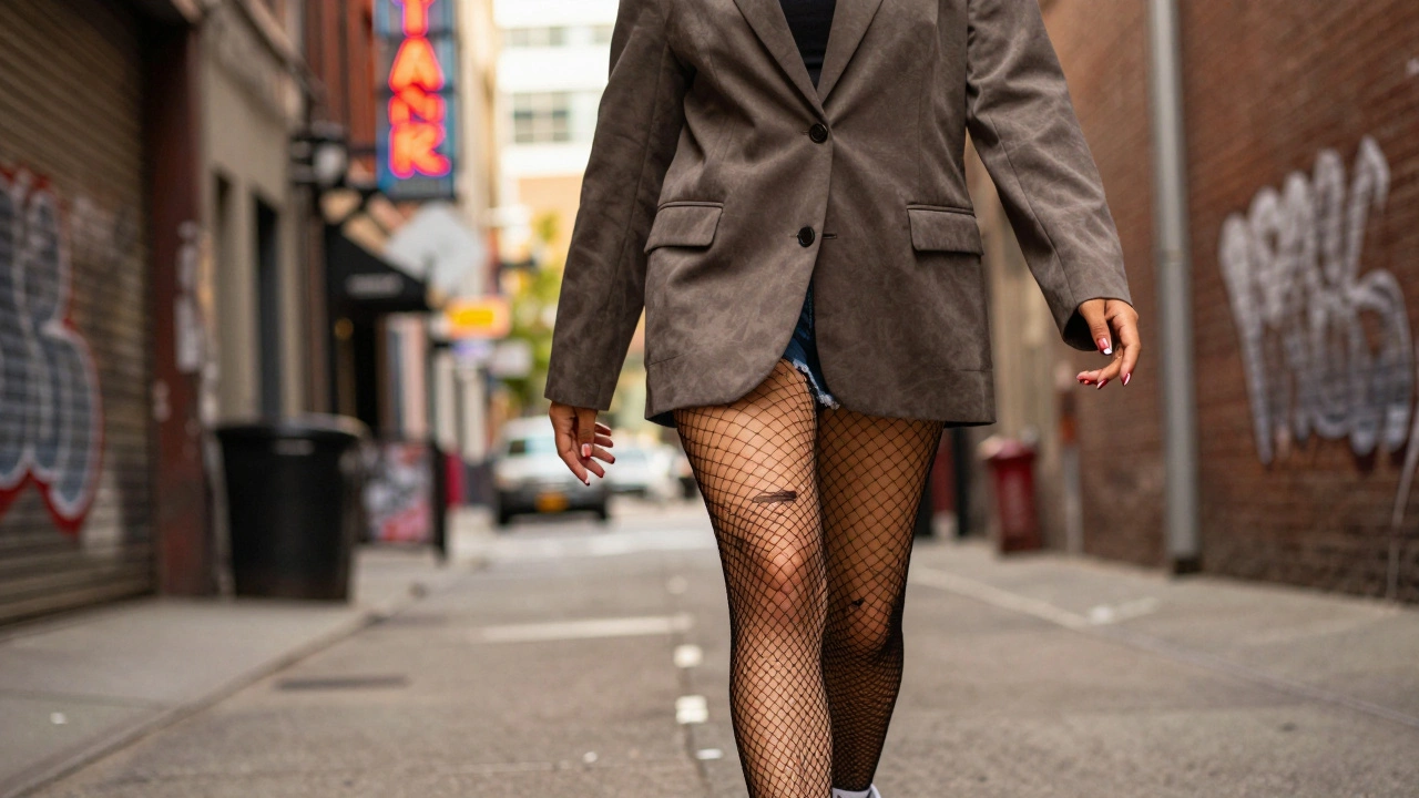 Woman&#039;s hands in street style, square nails with red bottoms visible against urban backdrop